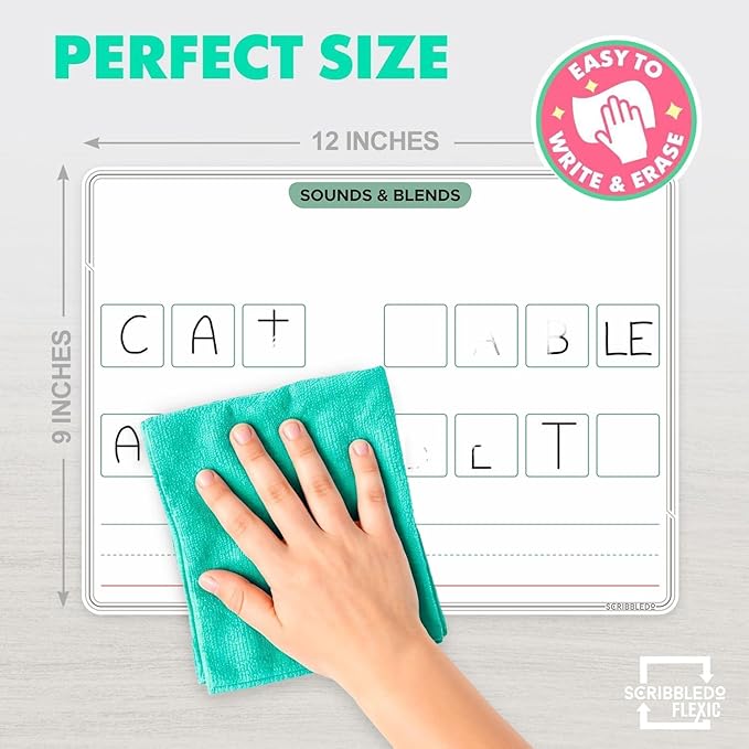 SCRIBBLEDO Sounds & Blends Dry Erase Sheets 9”x12” Phonics Manipulatives Elkonin Boxes Reading Manipulatives Blending Boards Phonemic Sound Boxes Syllables Letter Practice Classroom Pack of 10