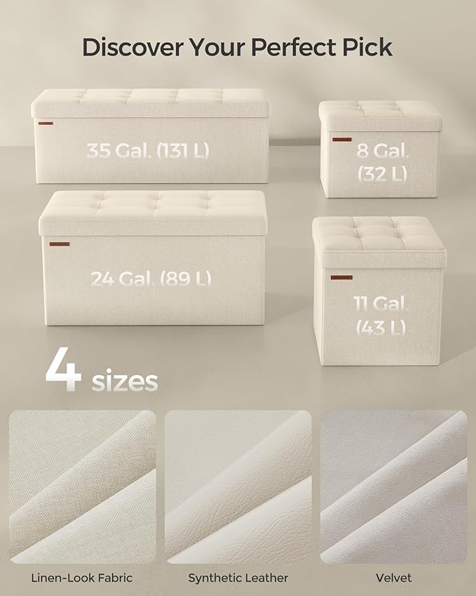 SONGMICS Mazie Collection - Small Folding Storage Ottoman, Foot Rest Stool, 12.2 x 16.1 x 12.2 Inches, 286 lb Load Capacity, for Living Room, Bedroom, Home Office, Dorm, Cream White ULSF102W01
