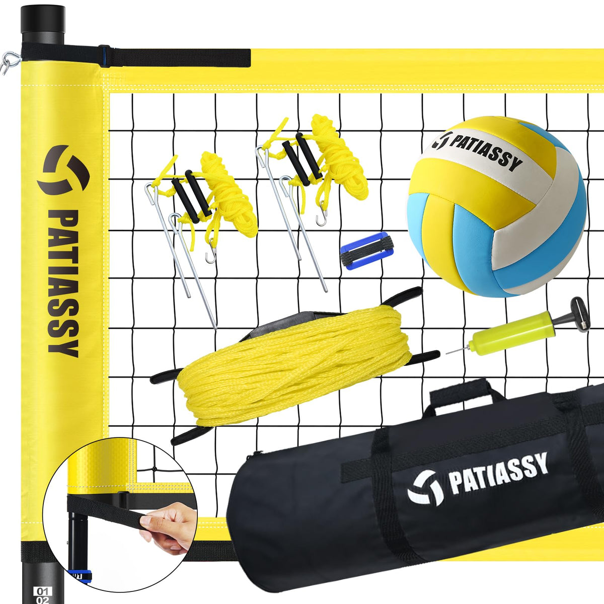 Outdoor Volleyball Net System, 32FT Regulation Size Anti-Sag Net, Quick Setup Adjustable Height Poles, Volleyball Set with Pump, Boundary Line and Carry Bag for Backyard Beach Lawn