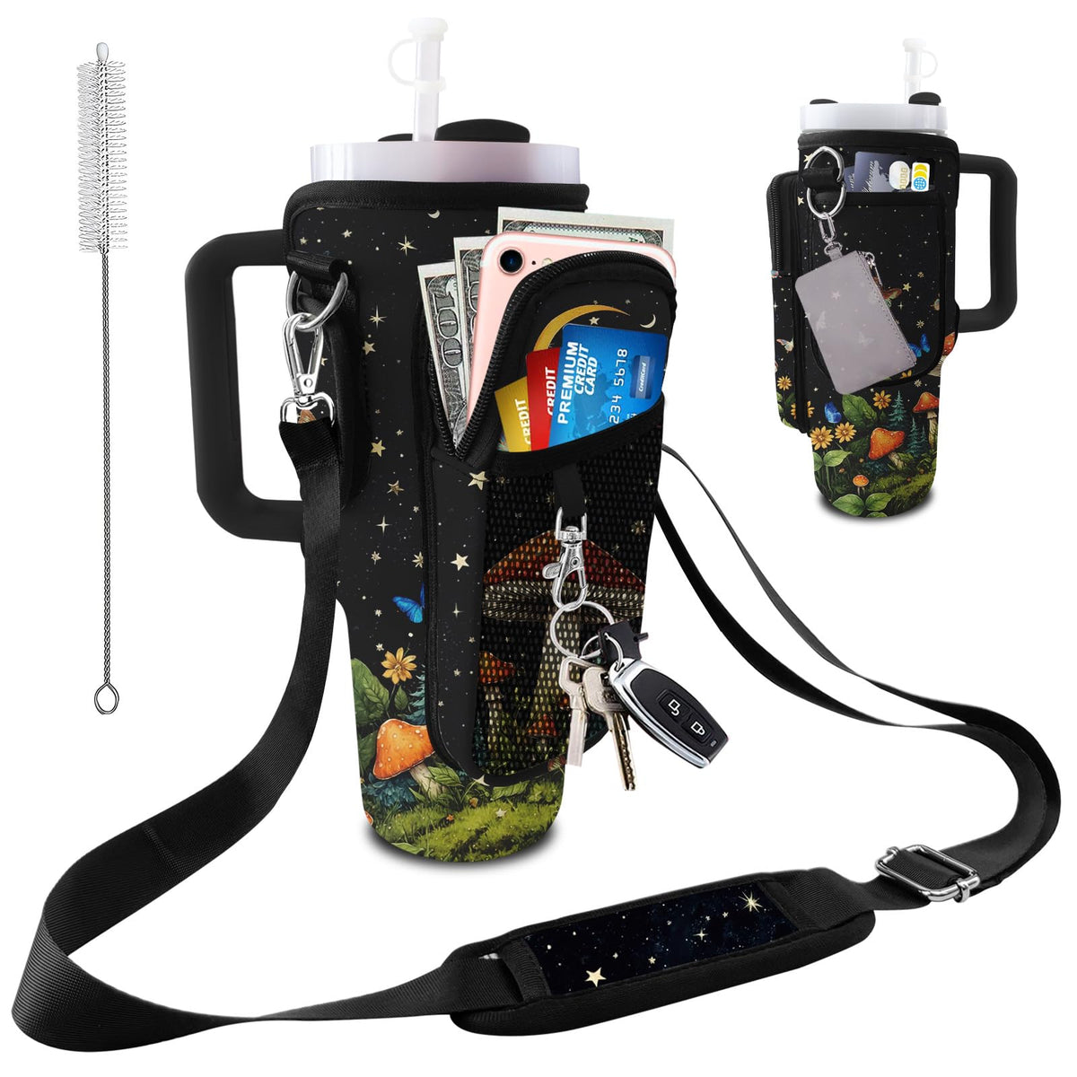 LAOTANGJIA Stanley Cup Carrier 40oz Tumbler with Water Bottle Holder Carrier Bag and Phone with 2 Adjustable Strap Bottle Holder Stanley Cup Accessories for Hiking Travelling Camping,Mushroom