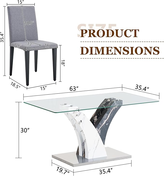 Glass Dining Table Set for 4, 63” Kitchen Table Set for 4, Modern Dining Room Table Set with Upholstered Chairs, Tempered Glass Tabletop with Y Shape Base