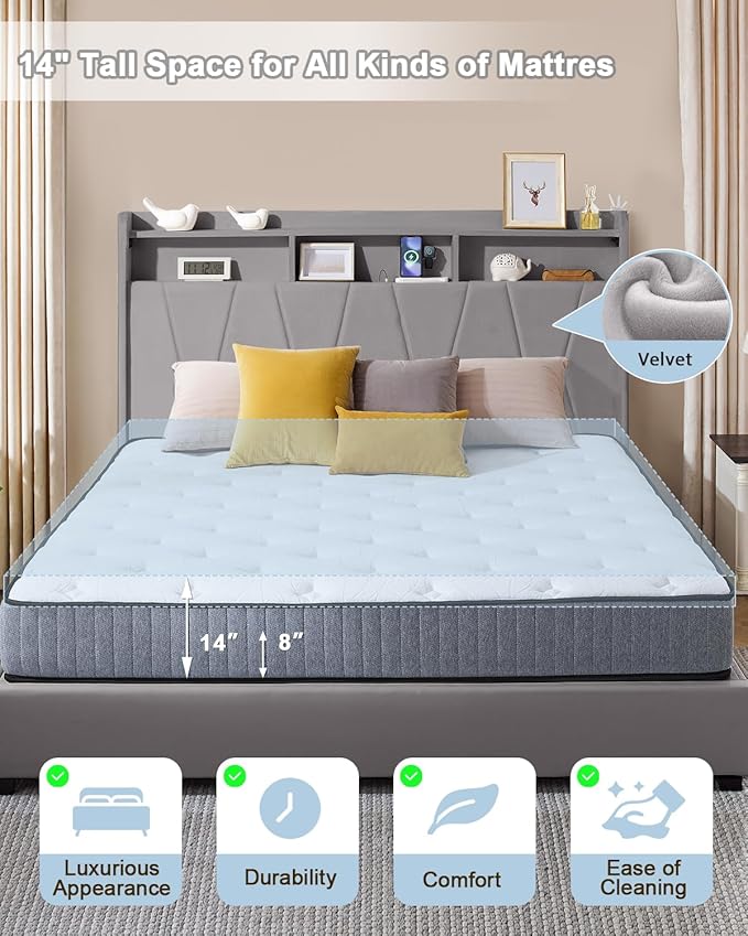 Full Size Bed Frame, Velvet Upholstered LED Platform Bed with Headboard Storage, Bed Frame Full Built-in Charging Station with 4 Drawers, Wood Slat Support, No Box Spring Needed, Grey