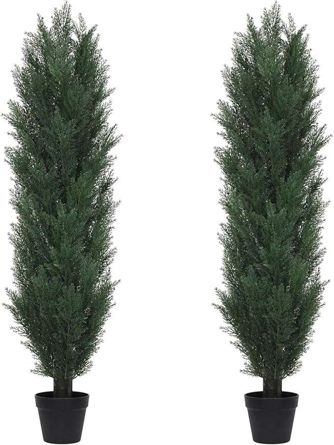 THE BLOOM TIMES 5ft Topiary Trees Artificial Outdoor Set of 2, UV Resistant Faux Cedar Pine Cypress Bushes & Shrubs, Fake Plants for Front Porch Outside Planter Patio Christmas Decor 5 Foot Tall