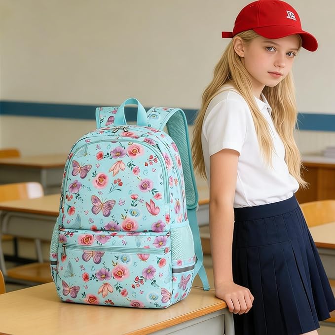 DSIUE Kids Backpack for Girls Elementary BookBags Teens Middle School Backpack with Lunch Box Butterfly Lake Blue