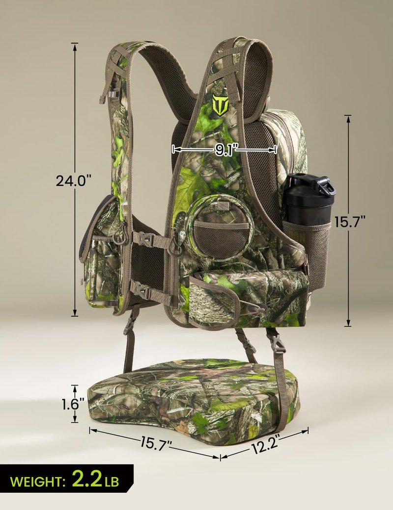 TIDEWE Vest with Seat, Lightweight Vest with Multi-Compartment Storage, Form-fitting Portable Backpack with 11 Adjustable Straps (Truetimber HTC Green)