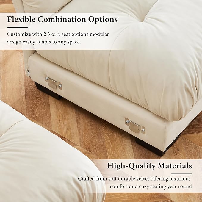 166" Oversized Couch, 4 Seater Modular Sectional Sofa, Beige White Large Sectional Couches for Living Room, Fluffy Couch Set, 4 Seater Velvet Cloud Couches with 6 Pillows, Deep Seat for Living Room