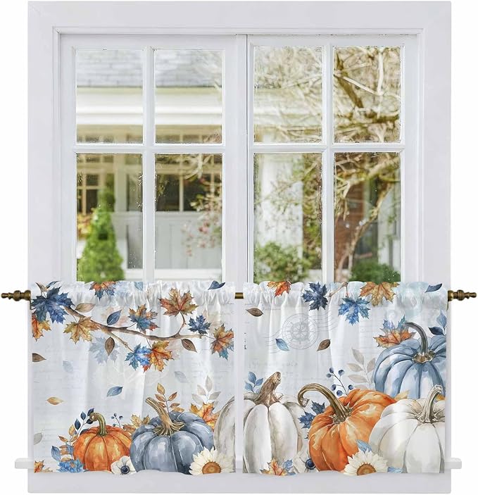 Fall Blue Maple Kitchen Tier Curtains 36 Inch Long 2 Panel Set, Rod Pocket Half