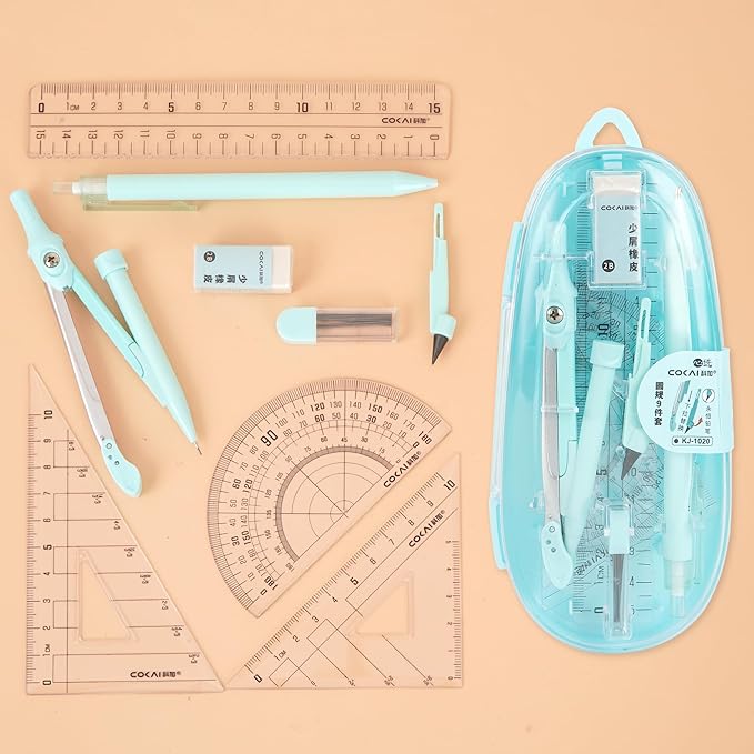 LABANCA 8 Pcs Compass Set with Protractor Rulers Pencil for Math Geometry (08373 Blue)