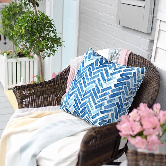 Outdoor Throw Pillow Covers 16x16 Inch, Square Patio Pillow Cases Pack of 2, Modern Decorative Back Cushion Covers for Patio Furniture Garden Couch Farmhouse, Blue Bricks