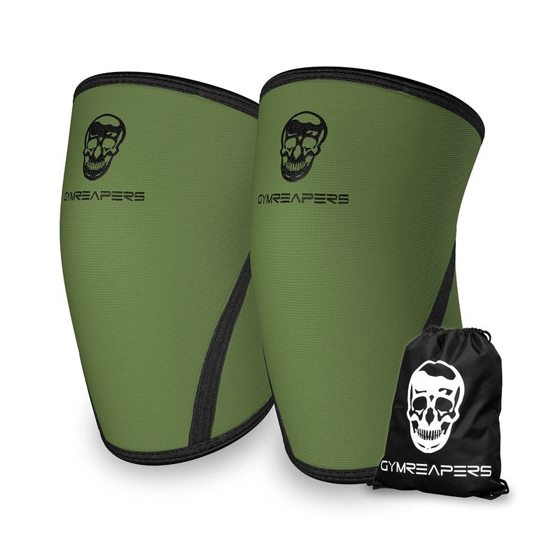 Gymreapers Knee Sleeves (Pair w/Bag) - Knee Compression Sleeve Support Squats, Weightlifting Powerlifting 7MM Neoprene Sleeves - 1 Year Warranty (Military Green/Black, Medium)