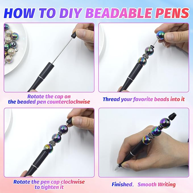 300 Pieces DIY Beadable Pen Kit – 100 Plastic Ballpoint Pens with Refills & Bags – School Supplies, Office Accessories & Decorative Items for Students & Teachers (Black)