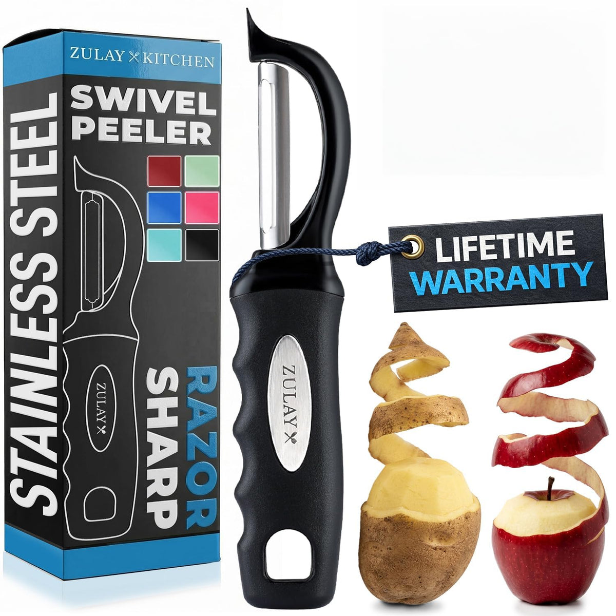 Zulay Kitchen Swivel Vegetable Peeler - Stainless Steel Potato & Veggie Peeler with Comfortable Grip - Built In Blemish Remover - Black