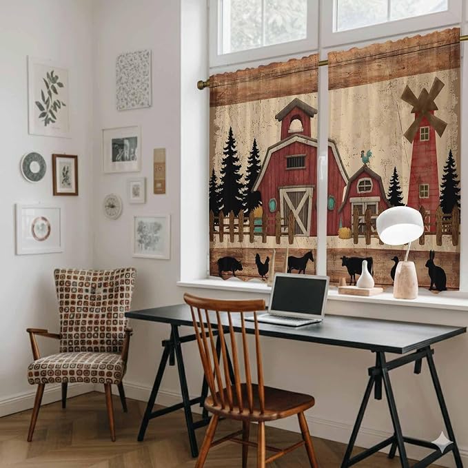 Brown Farmhouse Kitchen Curtains, Vintage Country Animals Wooden Grain Light