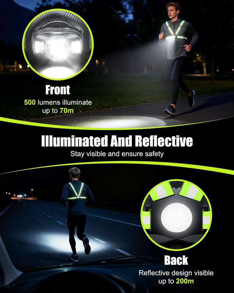 Dawinga Running Lights for Runners, 500 Lumens High-Visibility Running Light with 45° Adjustable Beam & IPX4 Waterproof, Rechargeable Reflective Vest Gear for Night Walking/Jogging, 4-20Hrs Runtime