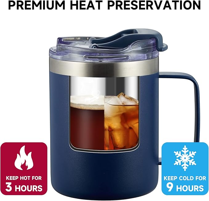 ALOUFEA 12oz Stainless Steel Insulated Coffee Mug with Handle, Double Wall Vacuum Tumbler Cup with Fliping Lid, Navy, 2 Pack