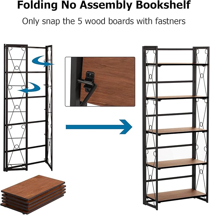 VECELO 2 Set Folding Bookshelf 5-Tier,Industrial Metal Frame & Wood Shelves,Foldable Bookcase No Assembly Free Standing Storage Organizer for Living Room,Office,Bedroom