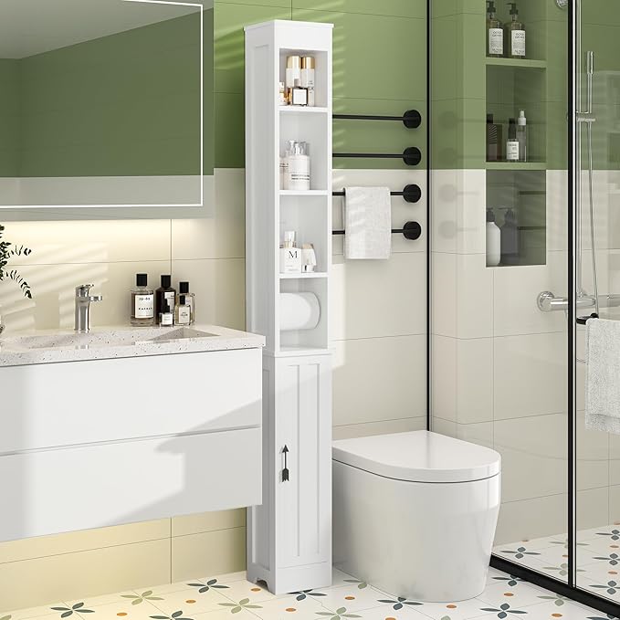 VECELO Tall Narrow Storage Cabinet with Adjustable Shelves, Slim Freestanding Bathroom Cabinet with Toilet Paper Holder, Magnetic Door, for Small Spaces, 7.9" D x 7.9" W x 71" H, Pearl White