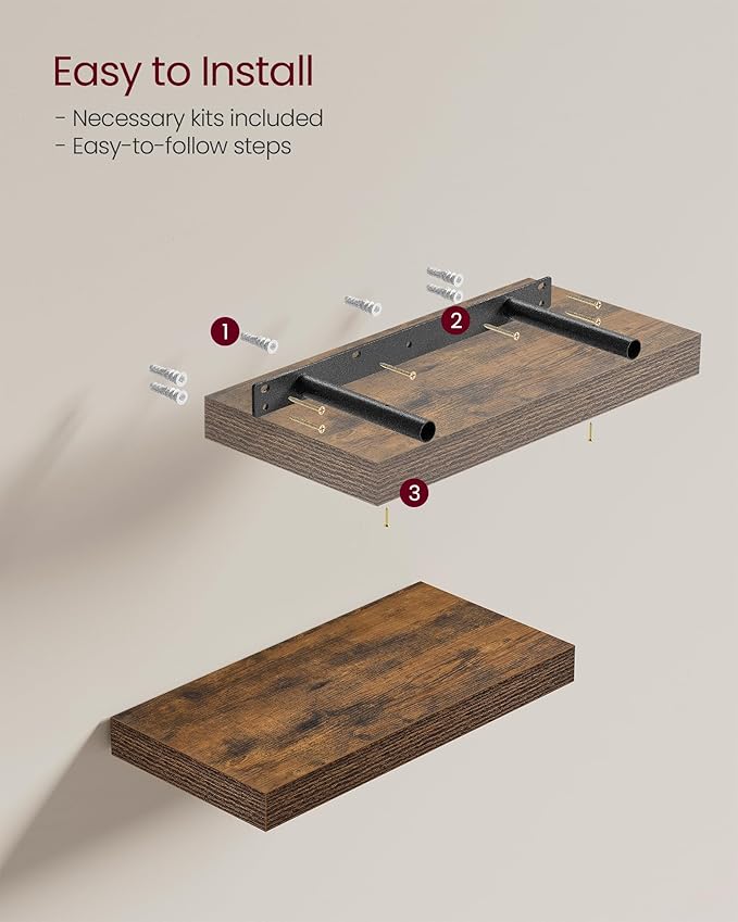 VASAGLE Wall Shelves Set of 5, Floating Shelves, Wall Mounted, 8 x 15.7 x 1.5 Inches, Display Shelves for Picture Frames, Wall Decor, Hanging Shelf for Living Room, Kitchen, Rustic Brown ULWS071B02