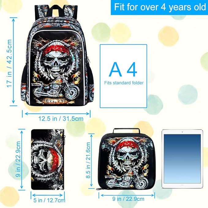 KLFVB 3PCS Kids Bookbag, 17" Boys Backpack and Lunch Box, Water Resistant Teenagers School Bag for Middle Elementary - Skeleton Motorcycle