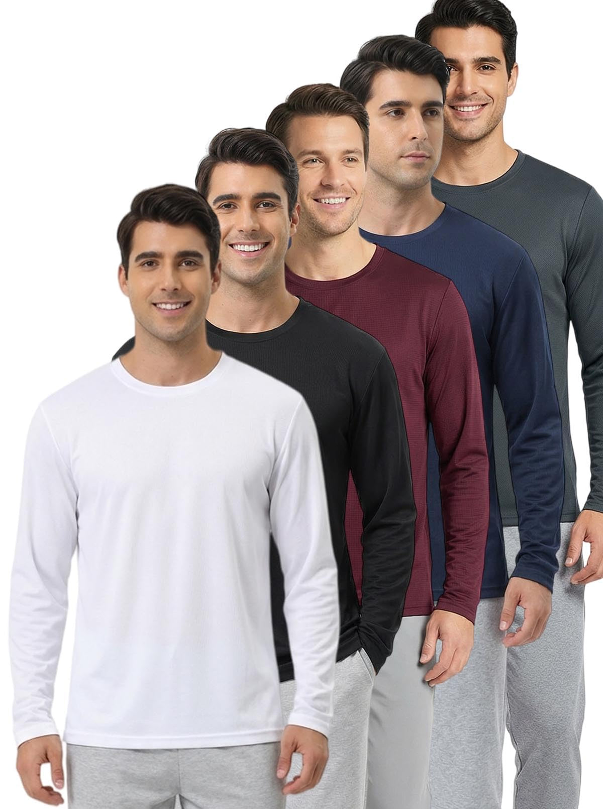 Men Long Sleeve Quick Dry T Shirt Workout Gym Work Basic Tee, 5 Pack, Large
