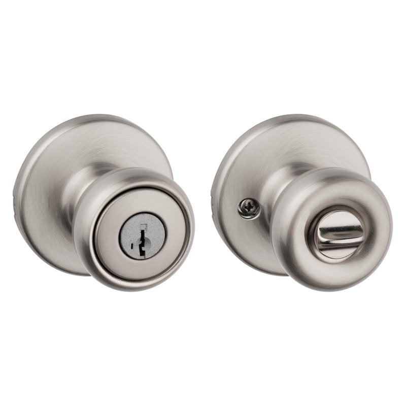 Kwikset Tylo Entry Door Knob with Lock and Key, Secure Keyed Handle Exterior, Front Entrance and Bedroom, Satin Nickel, Pick Resistant SmartKey Rekey Security and Microban