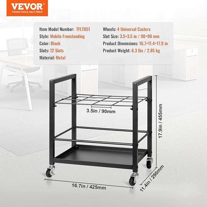 VEVOR Blueprint Storage Rack, 12 Slots Blueprint Holder with Wheels, Mobile Metal Storage Cart for Map Poster Architectural Construction Plan, Roll File Organizer for Home, Office, School
