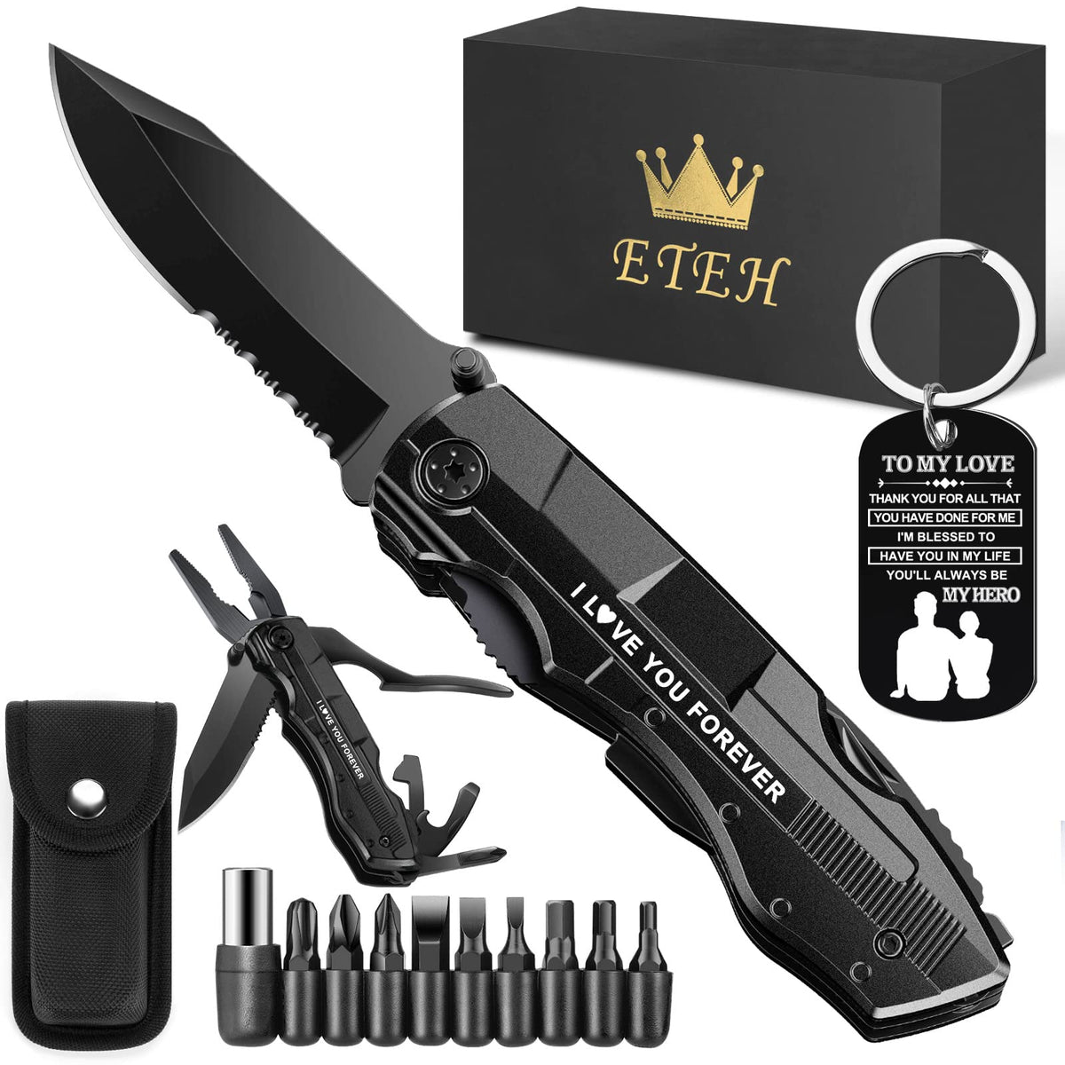 Gifts for Boyfriend Husband,Multitool Pocket Knife "I LOVE YOU",Anniversary Birthday Christmas Valentines Day Gifts for Him,Unique Camping Hunting Cycling Gift Ideas for Men