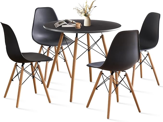 31.5'' 5 Piece Round Dining Table Set for 4, Mid-Century Modern Table with Chairs, Space Saving, Plastic Seats, Wood Legs, Circle Dinner Table for Kitchen, Home, Apartment, Black