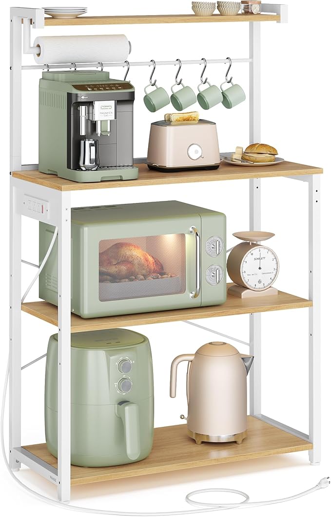 VASAGLE Kitchen Bakers Rack with Power Outlet, Coffee Bar 4-Tier with 8 S Hooks, Microwave Stand, Adjustable Shelf, 15.7 x 31.5 x 55.1 Inches, Golden Oak and Cloud White UKKS029YA01
