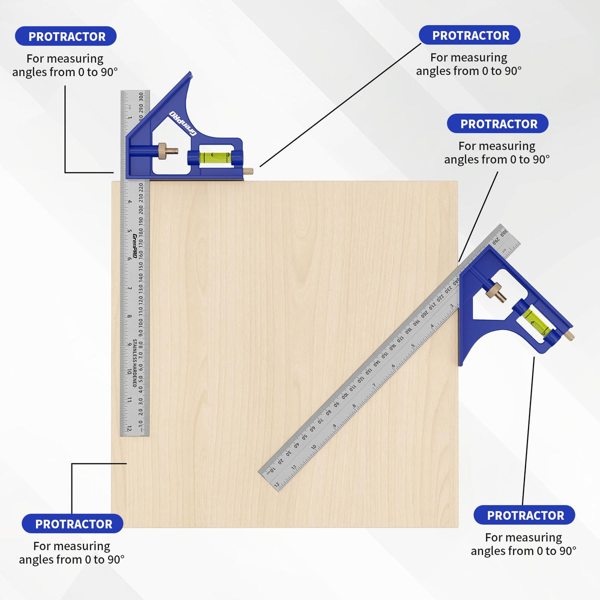 GRENPRO Combination Square Woodworking Ruler Tools, 7inch Carpenter Square Wood Working Tools and Accessories, 12inch Square Ruler, Includes 2-in-1 Carpentry Pencil, Protractor Angle Machinist Tool