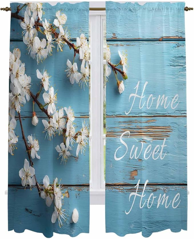 Farmhouse Wooden Grain Kitchen Curtains, Vintage Shabby Chic Flower Blue Light