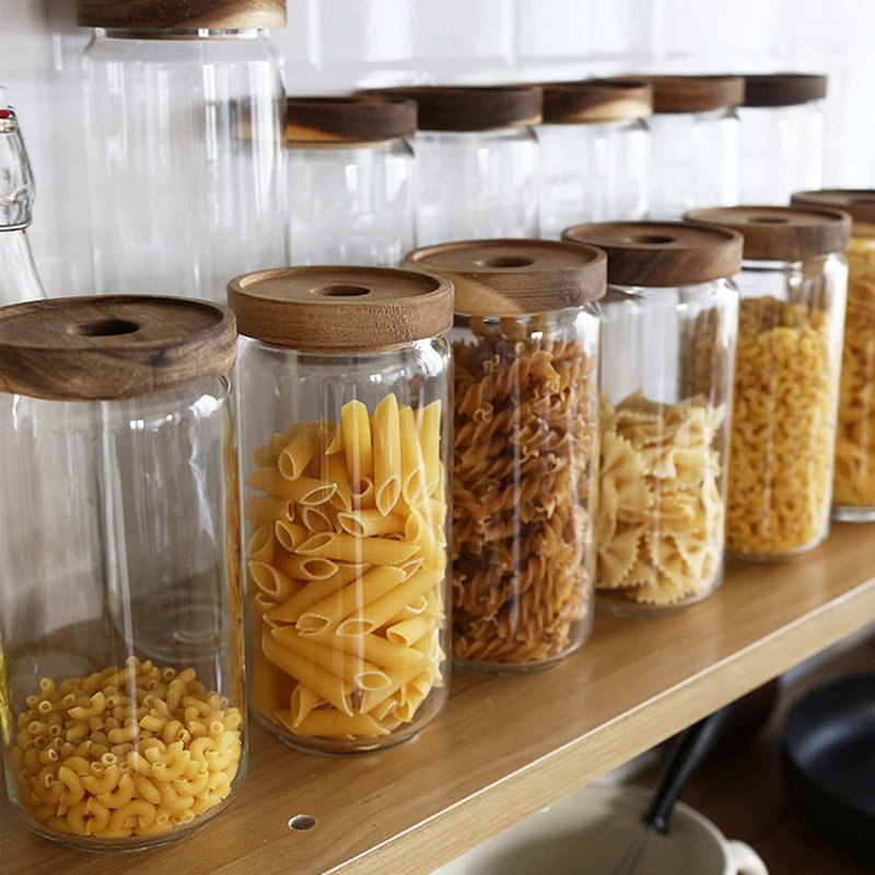 Bekith 3 Pack Glass Storage Containers with Airtight Seal Acacia Wood Lids, 31.6 FL OZ (950ml) Clear Glass Food Storage Jars for Kitchen, Glass Pantry Canister for Spaghetti Pasta, Coffee, Beans
