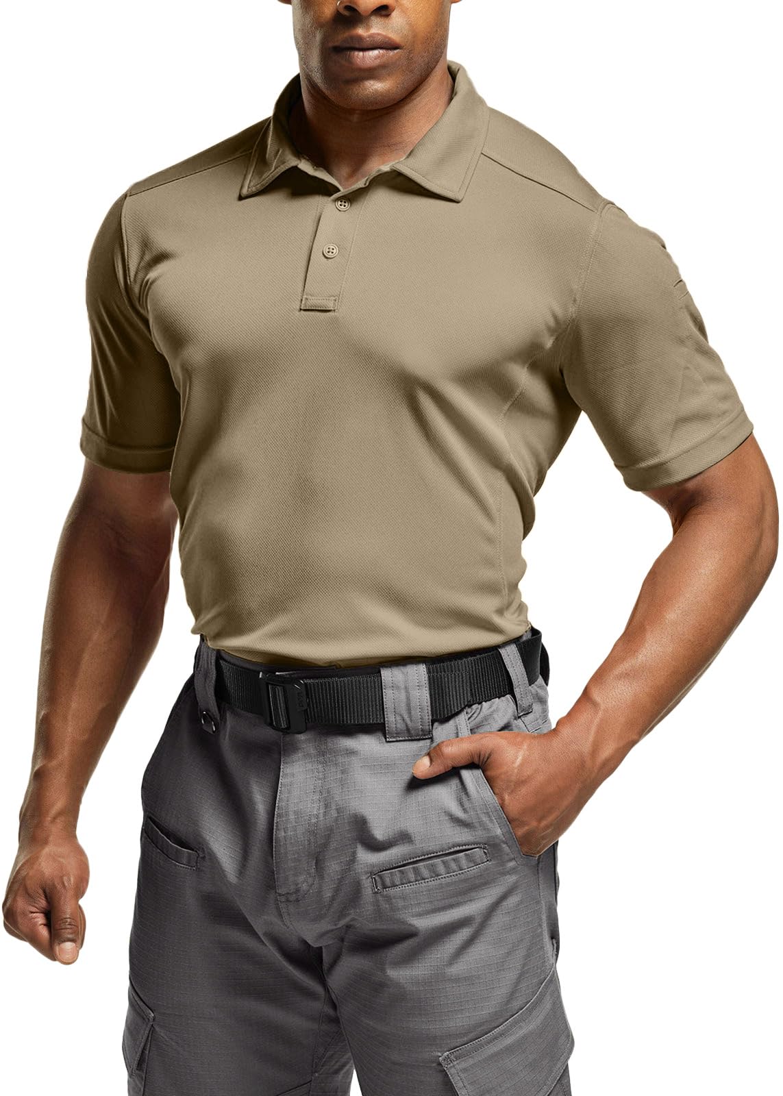 CQR Men's Quick Dry Tactical Polo Shirt, Lightweight Breathable Performance Polo, Short Sleeve UPF 50+ Outdoor Golf Shirt, Frost Essential Khaki, Small