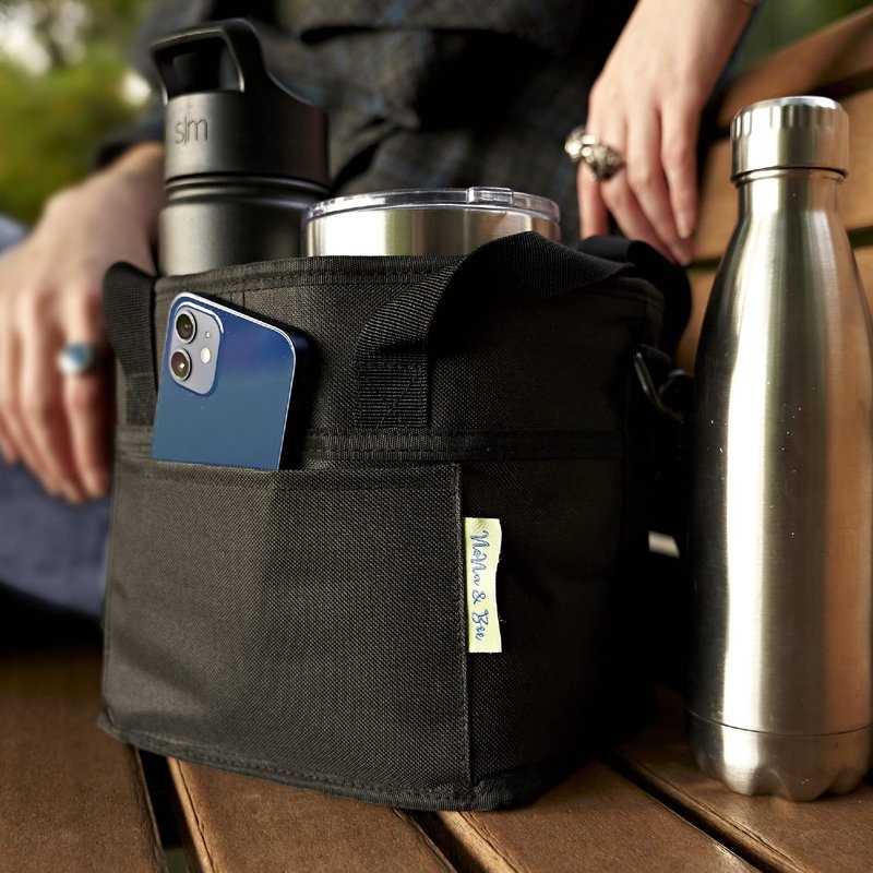 4 Water Bottle Holder with Strap | Family Size 4 Compartment Drink Bag, Multiple Tumbler Carrier Caddy | Adjustable Fits Large & Small Drinks | Hands Free, Won't Tip Over in Car (Black)