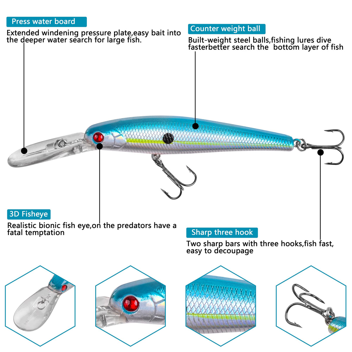 Crankbait Minnow Fishing Lures,10pcs Plug Lure with Treble Hooks Hard Baits Swimbaits 3D Fishing Eyes Life-Like Bass Crank Bait for Trout Bass Perch Fishing 5.07inch