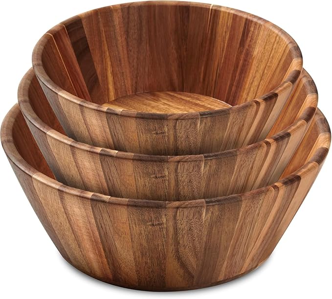 Woodenhouse Wooden Bowls, Wooden Salad Bowl Set of 3 - Round Design Large Salad Bowl Set for Serving, Handmade, Durable and Stylish Natural Wood Dining Accessory
