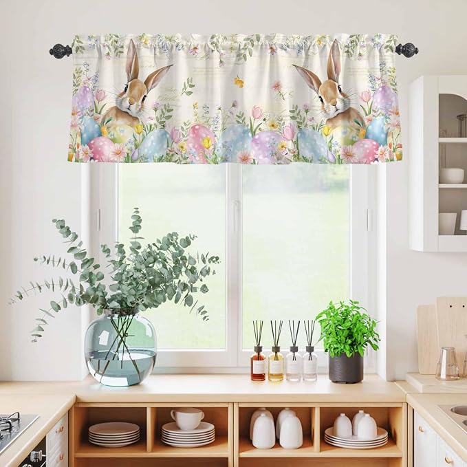 Kitchen Curtains Tiers and Valance Set of 3, Easter Light Filtering Window