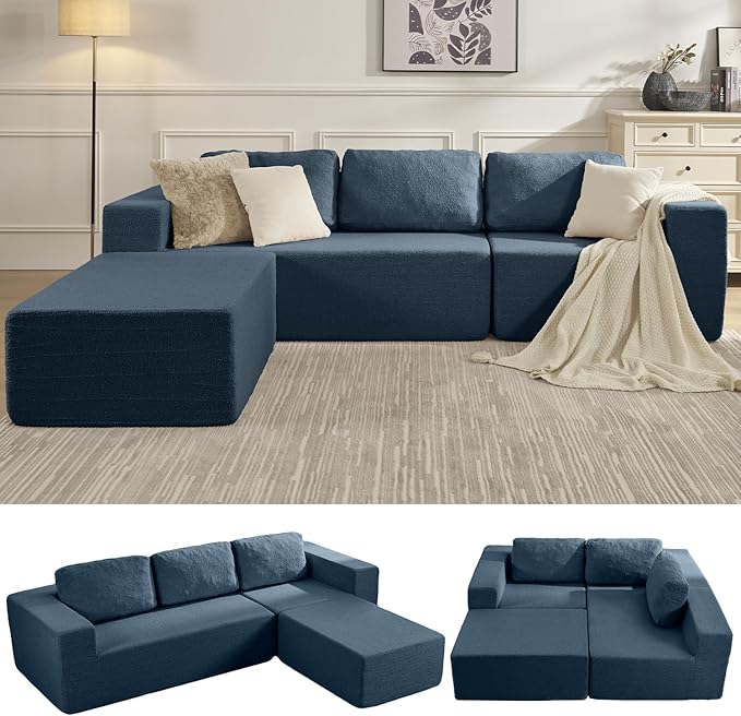 106" 3-Seater Sofa, Cloud Modular Sofa with Certified Foam, Upholstered Floor Sofa with Deep Seat, Upholstered Sofa for Bedroom Living Room, No Assembly Required (Teddy Boucle, Blue)