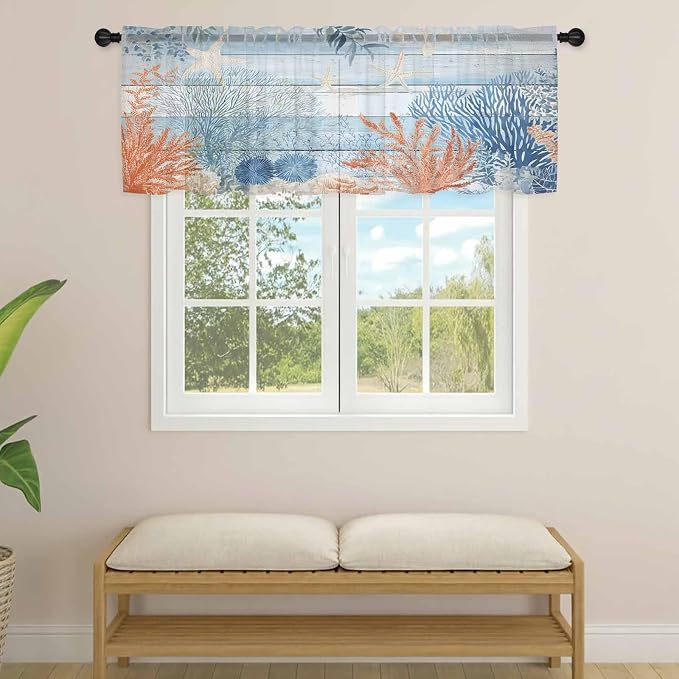 Ocean Corals Sheer Valance Curtains, Summer Beach Coral Sea Stars Blue Wood