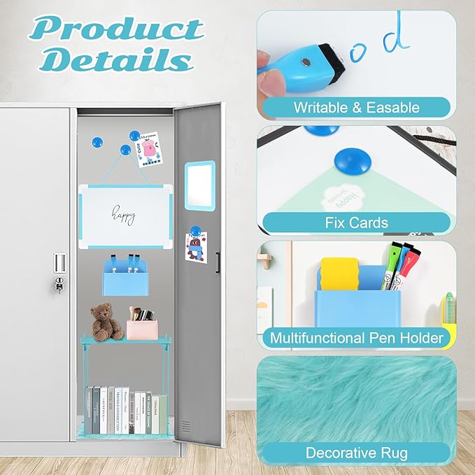 12 Pcs Locker Organizer and Decorating Kit, First Day of School Essentials for Girl Marble Print Whiteboard with Markers Locker Shelf Plush Area Rug String Light Mirror Magnetic Cup and Magnet (Blue)