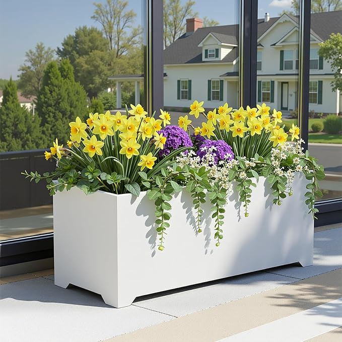 Metal Planter Box 36"L x 15"W x 15"H, Large Outdoor Rectangle Planters with 6 Drainage Holes & Raised Bottom, All-Weather Garden Planter Box for Patio, Lawn, Commercial & Residential, White