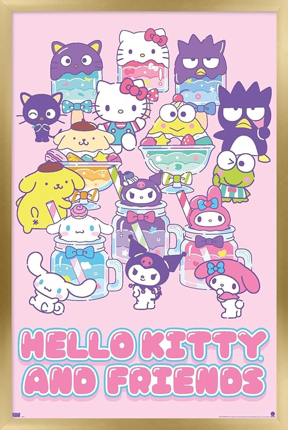 Trends International Hello Kitty and Friends: 24 Summer Fresh - Group Wall Poster, 22.4L x 14.7W, Gold Framed Version