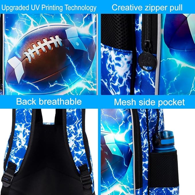 KLFVB 3PCS Kids Bookbag, 17" Boys Backpack and Lunch Box, Water Resistant Teenagers School Bag for Middle Elementary - Lightning Rugby