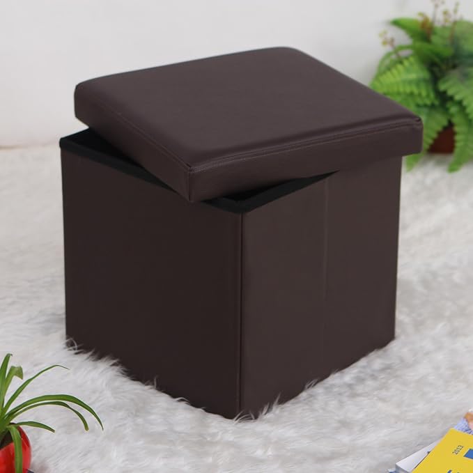 SONGMICS MAZIE Collection - 15 Inches Ottoman with Storage, Footstool, Storage Ottoman, Load 660 lb, for Dorm, Living Room, Bedroom, Synthetic Leather, Brown ULSF10B