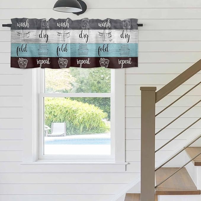 Laundry Rules Valances for Windows, Retro Blue White Wood Board Grain Kitchen