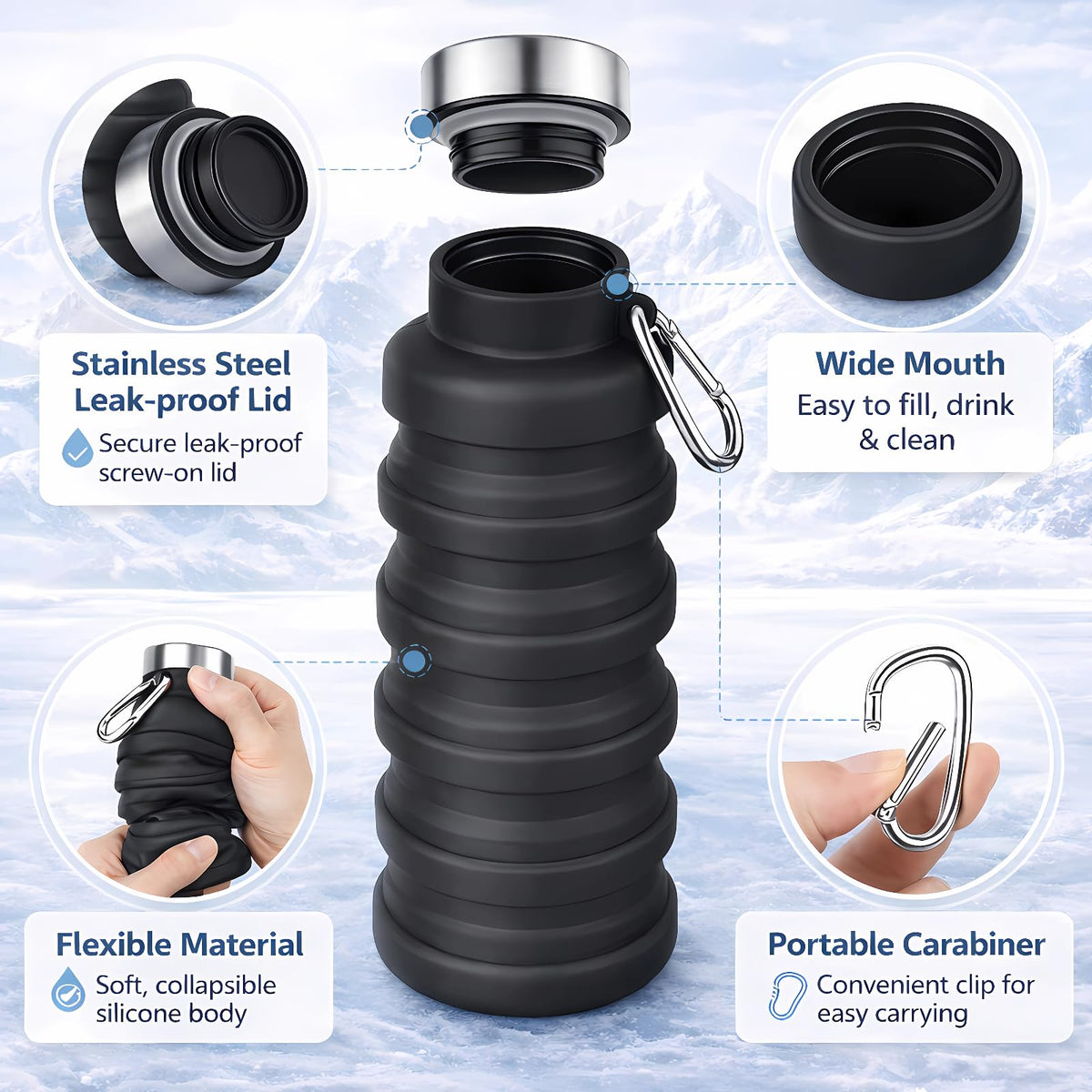 Tundoro Collapsible Water Bottles,Silicone Water Bottle,16oz Capacity Portable Reusable,Leak-proof,with buckle,foldable storage,Lightweight Durable for Fitness,Cycling,Sports,Camping,Hiking (Grey)