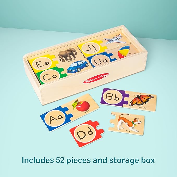 Melissa & Doug Self-Correcting Alphabet Puzzle (52 pcs) with Toy Storage Box, Wooden ABC Puzzles for Toddlers & Preschoolers, Montessori Learning Toys for Girls & Boys 4+