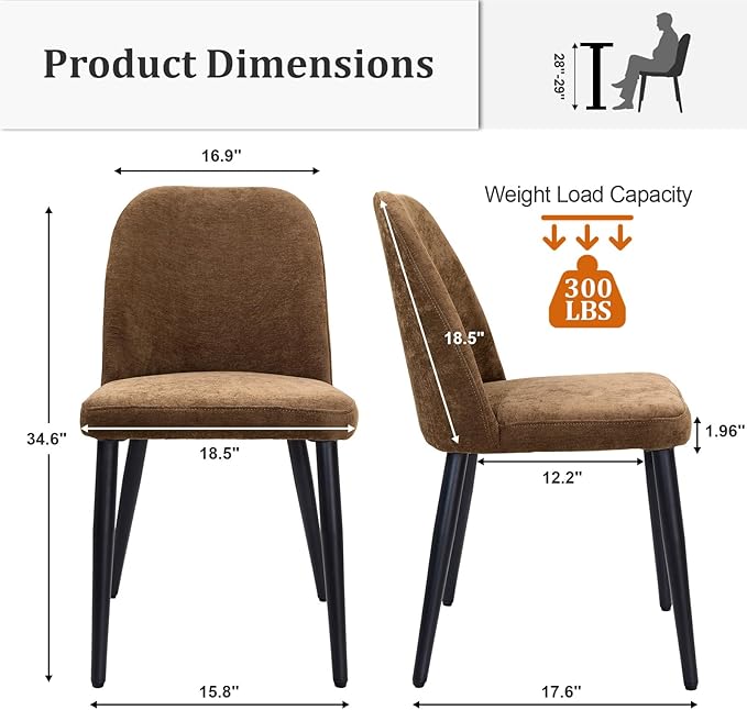 Upholstered Dining Chairs Set of 6, Mid Century Modern Fabric Dining Room Chair High-Back Padded Kitchen Chairs with Padded Seat and Metal Legs for Kitchen Dining Room Restaurant Cafe, Brown