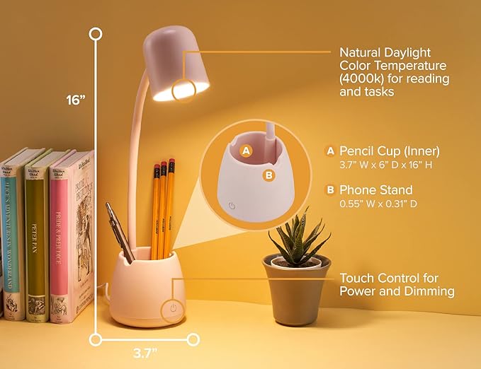 Bostitch Office LED2105-PNK Dimmable Lamp with Storage Cup, Three Brightness Levels, Touch Sensitive Dimmer, Energy-Efficient, Pink