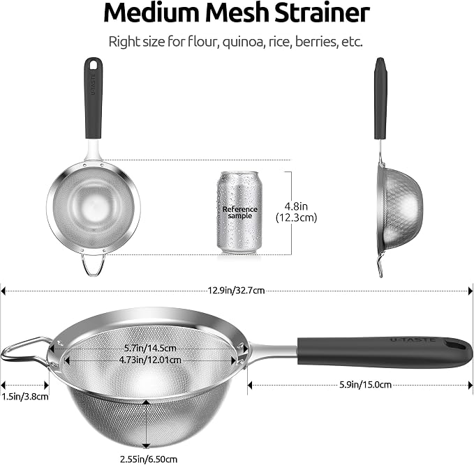 U-Taste Medium Fine Mesh Strainer: 18/8 Stainless Steel 4.73in 30 Mesh Kitchen